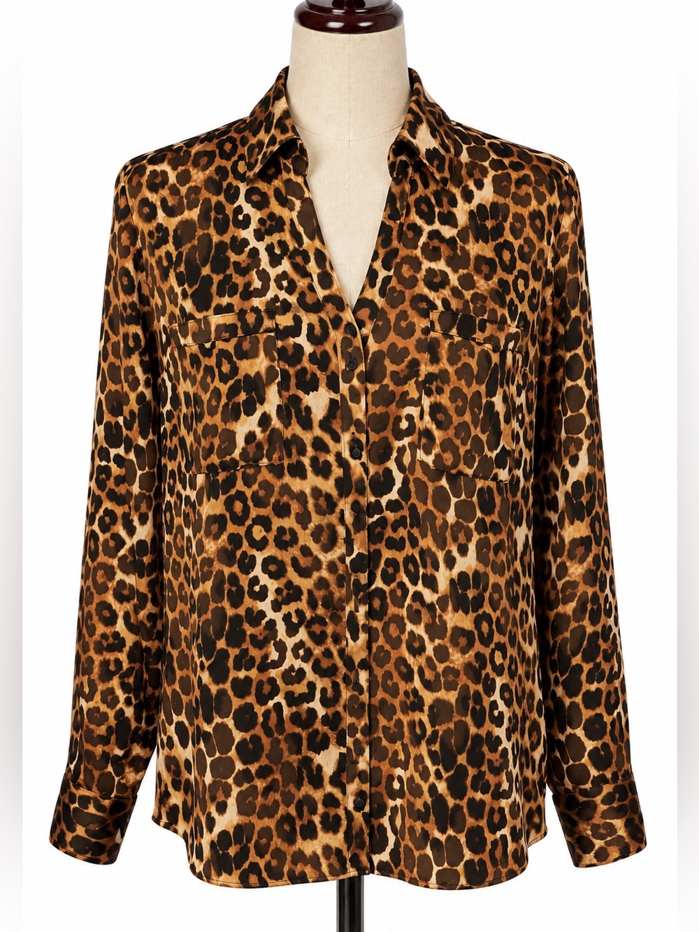Express silky leopard print collared button down long sleeve blouse / top. L